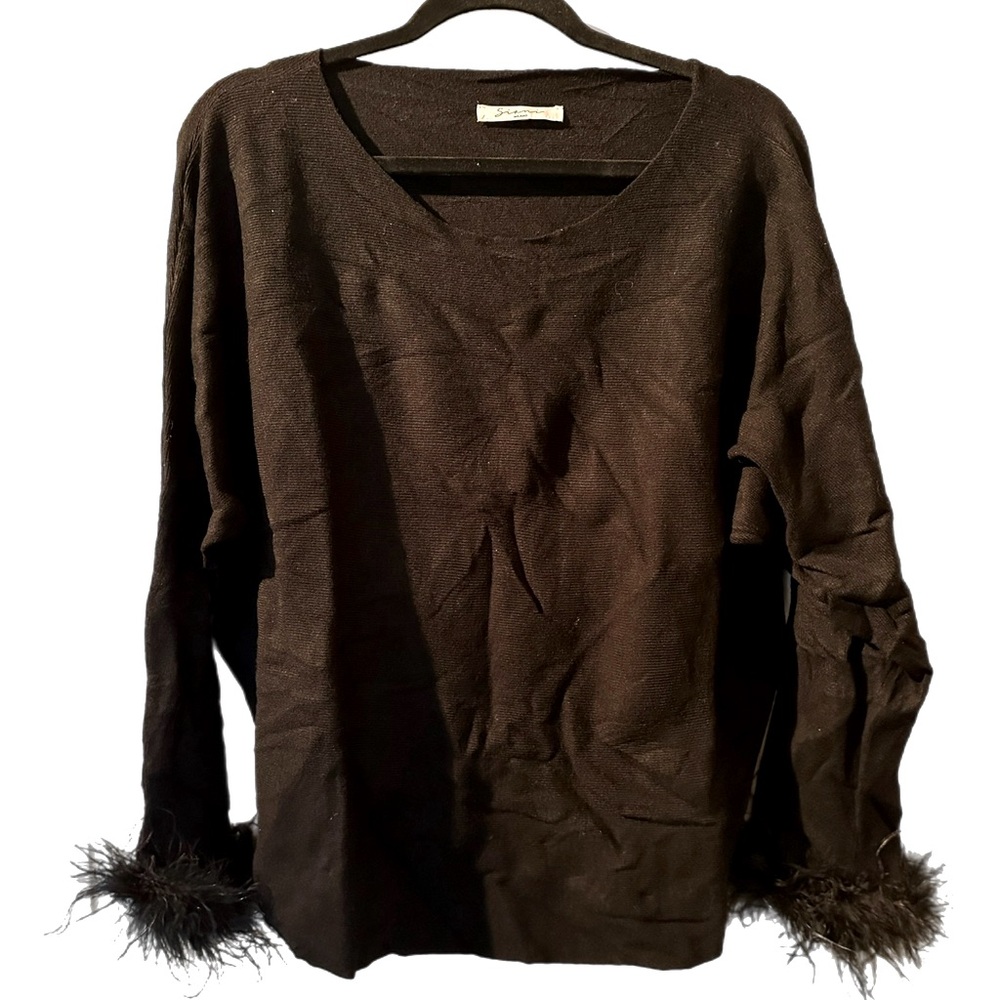 Sioni Black Crew Neck Sweater with Scoop Neckline and Feather Trim Cuffs